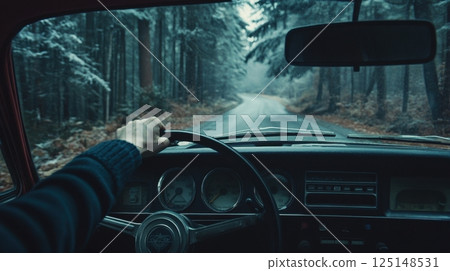 a person driving a vintage car through a misty forest road with a moody and atmospheric vibe a person driving a vintage car through a misty forest road with a moody and atmospheric vibe 125148531