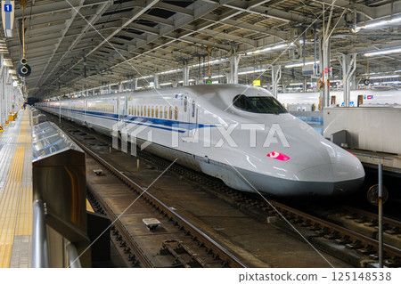 Tokaido-Sanyo Shinkansen N700 series train stopping at Shin-Osaka Station Tokaido-Sanyo Shinkansen N700 series train stopping at Shin-Osaka Station 125148538