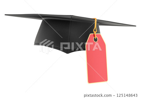 Graduation cap with red sale tag. 3D rendering 125148643