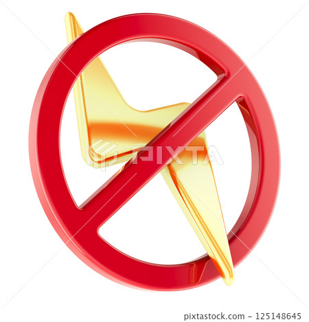 Lightning bolt with prohibition symbol. No electricity icon. 3D rendering Lightning bolt with prohibition symbol. No electricity icon. 3D rendering 125148645