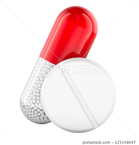 Medicament capsule and pill tablet. 3D rendering Medicament capsule and pill tablet. 3D rendering 125148647