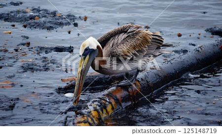 A pelican covered in oil, trying to clean its wings, with a polluted ocean in the background, showing the devastating impact of the spill 125148719