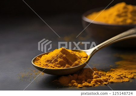 Turmeric powder in bowl and spoon on light grey table, top view 125148724