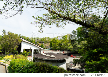 Ikuta Ryokuchi East Gate Visitor Center viewed from above, blue spring sky, Tama Ward, Kawasaki City, Kanagawa Prefecture Ikuta Ryokuchi East Gate Visitor Center viewed from above, blue spring sky, Tama Ward, Kawasaki City, Kanagawa Prefecture 125148953