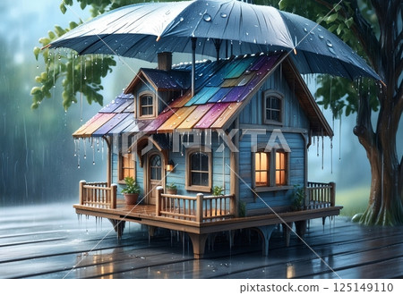 The house stands in water under pouring rain 125149110