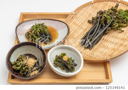 Stock photos of bracken dishes and bracken on a colander - Various types of Japanese cuisine Stock photos of bracken dishes and bracken on a colander - Various types of Japanese cuisine 125149141