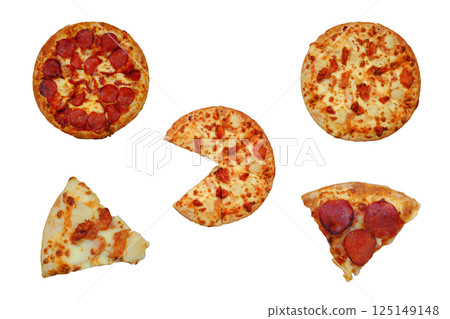 A playful flat lay of five pizzas and pizza slices on a white background. The central pizza has one slice missing, mimicking a Pac-Man shape. The surrounding elements include pepperoni and Hawaiian A playful flat lay of five pizzas and pizza slices on a white background. The central pizza has one slice missing, mimicking a Pac-Man shape. The surrounding elements include pepperoni and Hawaiian 125149148