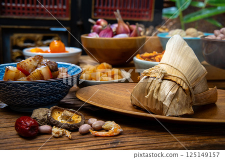 Traditional Taiwanese Zongzi and various ingredients on display 125149157