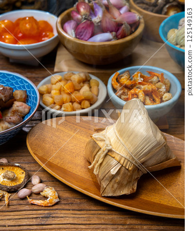 Traditional Taiwanese Zongzi and various ingredients on display Traditional Taiwanese Zongzi and various ingredients on display 125149163