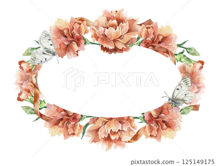 Red carnations, oval floral frame with ribbon. Hand drawn watercolor illustration isolated on white. Mothers Day, Birthday, Revolution, Independence, Remembrance, Victory cards, invitations, labels. 125149175