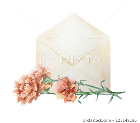 Red carnations bouquet and vintage envelope. Hand drawn watercolor illustration isolated on white. Mothers Day, Birthday, Revolution, Independence, Remembrance, Victory cards, invitations, labels. Red carnations bouquet and vintage envelope. Hand drawn watercolor illustration isolated on white. Mothers Day, Birthday, Revolution, Independence, Remembrance, Victory cards, invitations, labels. 125149186