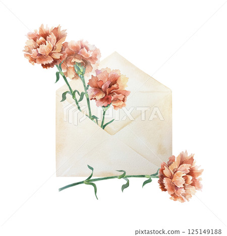 Red carnations in vintage envelope. Hand drawn watercolor illustration isolated on white. For Mothers Day, Birthday, Revolution, Independence, Remembrance, Victory cards, invitations, labels. 125149188