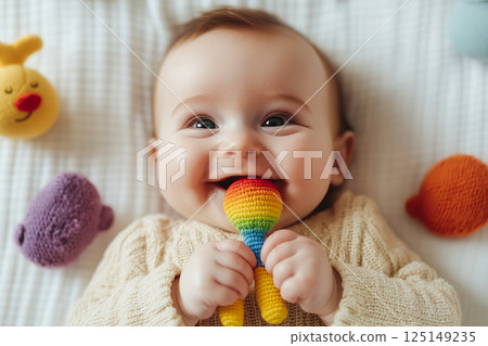 Joyful Baby with Colorful Toy 125149235