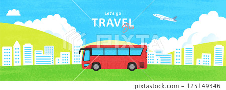 Illustration of a bus, an airplane, and a cityscape Illustration of a bus, an airplane, and a cityscape 125149346