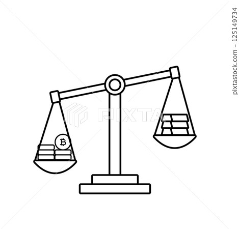 Bitcoin and Gold on Scale Outline Icon Illustration on White Background 125149734