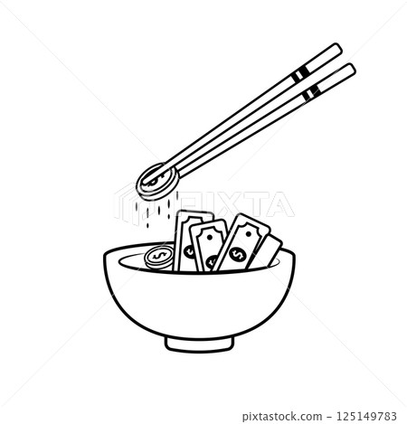 Money and Dollar Coins on Bowl with Chopsticks Outline Icon Illustration on White Background 125149783