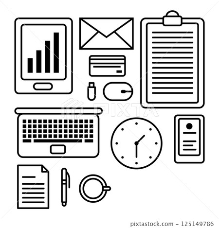 Office Object Outline Icon Set on White Background Office Object Outline Icon Set on White Background 125149786