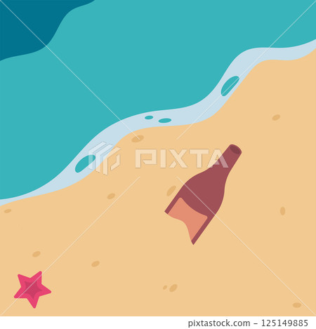 Bottle buried in sand beach flat illustration. cartoon summer illustration calm beach for poster, banner, web Bottle buried in sand beach flat illustration. cartoon summer illustration calm beach for poster, banner, web 125149885