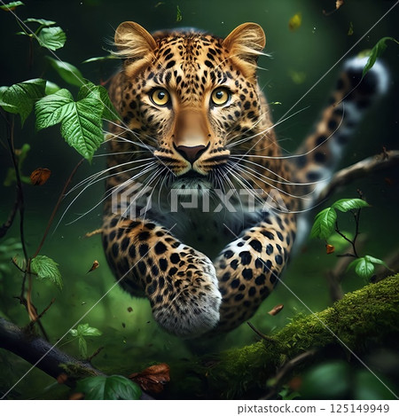 豹子在森林中跳躍追逐獵物 125149949