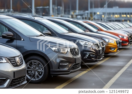 Beautifully lined up cars. A parking lot at a tourist spot. An image of a holiday outing. 125149972