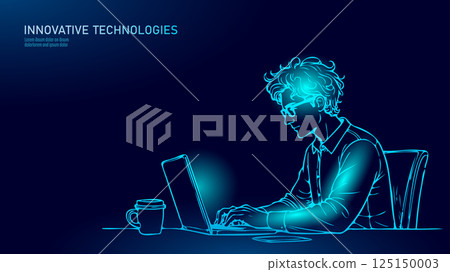 Man works laptop office. Coffee mobile phone table. Business education online freelance. Simple line side view blue vector illustration 125150003