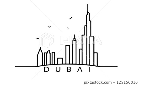 Dubai skyline line art illustration. Skyscrapers, birds. Travel agency tourism promotions. Minimalist style, line drawing logo white background 125150016