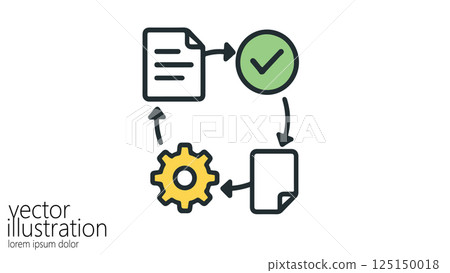 Process diagram icon shows workflow. Document, gear, checkmark represented. Automation, development, and project management vector illustration white background. Process diagram icon shows workflow. Document, gear, checkmark represented. Automation, development, and project management vector illustration white background. 125150018