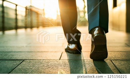 a businessman walking, person feet wearing dark trousers and black leather shoes, walking on floor, possibly an office building, airport terminal, business travel walking, feet in suit shoes, travel 125150221