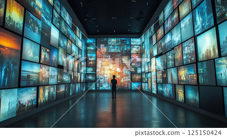 A futuristic gallery filled with digital art A futuristic gallery filled with digital art 125150424