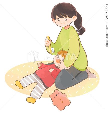 一位母親正在為孩子刷牙 125150873