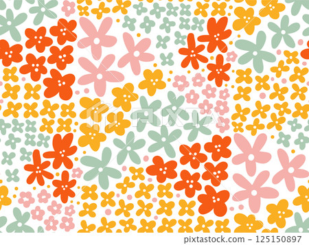 Vintage nostalgic 70s groovy seamless pattern. Hippie style summer print. Vintage floral background. Textile and surface design in old fashioned colors. Vector hand drawn flat illustration. 125150897
