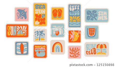 Set of vintage summer travel postage stamp. Retro style beach vacation postage sticker collection, summertime season mail postmark, tourism postal label with hand drawn lettering. Vector 125150898