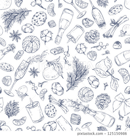 Christmas collection with tangerines, sweets, spices, champagne and plants. Graphic illustration hand drawn in black ink. Seamless pattern EPS vector. Christmas collection with tangerines, sweets, spices, champagne and plants. Graphic illustration hand drawn in black ink. Seamless pattern EPS vector. 125150986