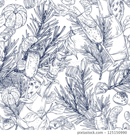 Christmas collection with tangerines, sweets, spices, champagne and plants. Graphic illustration hand drawn in black ink. Seamless pattern EPS vector. 125150990
