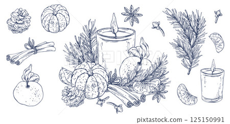 Christmas decor with tangerines, candle, sweets and pine branches. Graphic illustration hand drawn in black ink. A set of separate isolated elements of objects EPS vector. 125150991