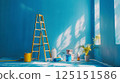 Vibrant Blue DIY Home Improvement with Painting Ladder,Rollers,and Cans in View 125151586