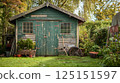 Rustic Garden Shed Undergoing with Autumn Foliage Backdrop 125151597