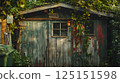 Rustic Garden Shed Undergoing Revitalization and in Autumn Foliage 125151598