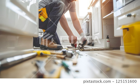 Skilled Plumber Addressing Leak Under Kitchen Sink with Essential Tools and Expertise Skilled Plumber Addressing Leak Under Kitchen Sink with Essential Tools and Expertise 125151600