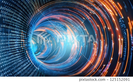 High-tech encrypted tunnel of neon binary code streams with digital swirl effect and close-up detail 125152091