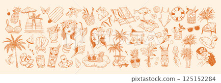 Tropical summer Hawaii doodle set, vector exotic hand drawn travel illustration, paradise island kit 125152284