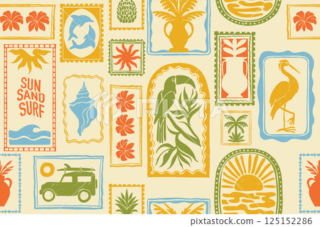 Tropical summer seamless pattern, vector exotic Hawaii decoration print, ocean surf vintage texture. Tropical summer seamless pattern, vector exotic Hawaii decoration print, ocean surf vintage texture. 125152286