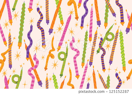 Happy birthday candle seamless pattern, vector hand drawn funny colorful celebration texture.  125152287
