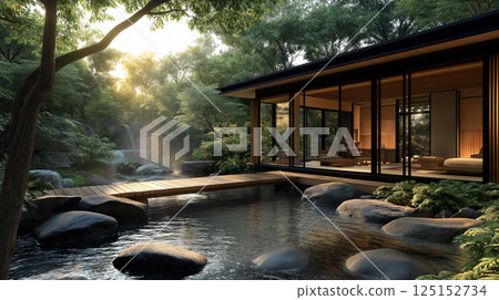 A modern Japanese-style building blending into nature and the mountain stream scenery, where tranquility and harmony reside 125152734