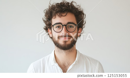 Young Man Smiling With Curly Hair and Round Glasses, Bright Background Young Man Smiling With Curly Hair and Round Glasses, Bright Background 125153055