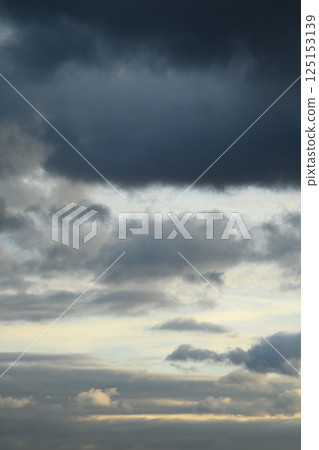 Vertical photo of blue clouds in cloudy weather. Aesthetic neutral photo.  125153139