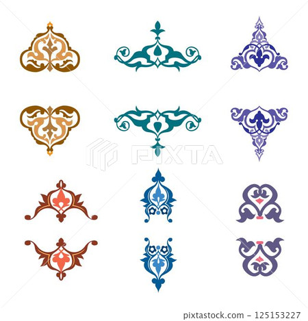 Vintage floral calligraphic floral vignette scroll corners ornamental design elements set isolated illustration 125153227