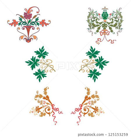 Vintage floral calligraphic floral vignette scroll corners ornamental design elements set isolated illustration 125153259