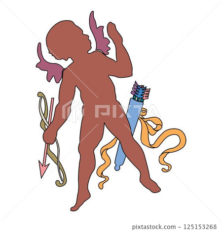 Cupid with bow and arrow, outline drawing of black color isolated on white background, stock illustration for design and decoration Cupid with bow and arrow, outline drawing of black color isolated on white background, stock illustration for design and decoration 125153268