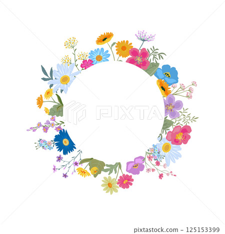 Vector wreath with colorful wildflowers. Elegant floral garland with forget-me-nots, chamomile, daisies. 125153399